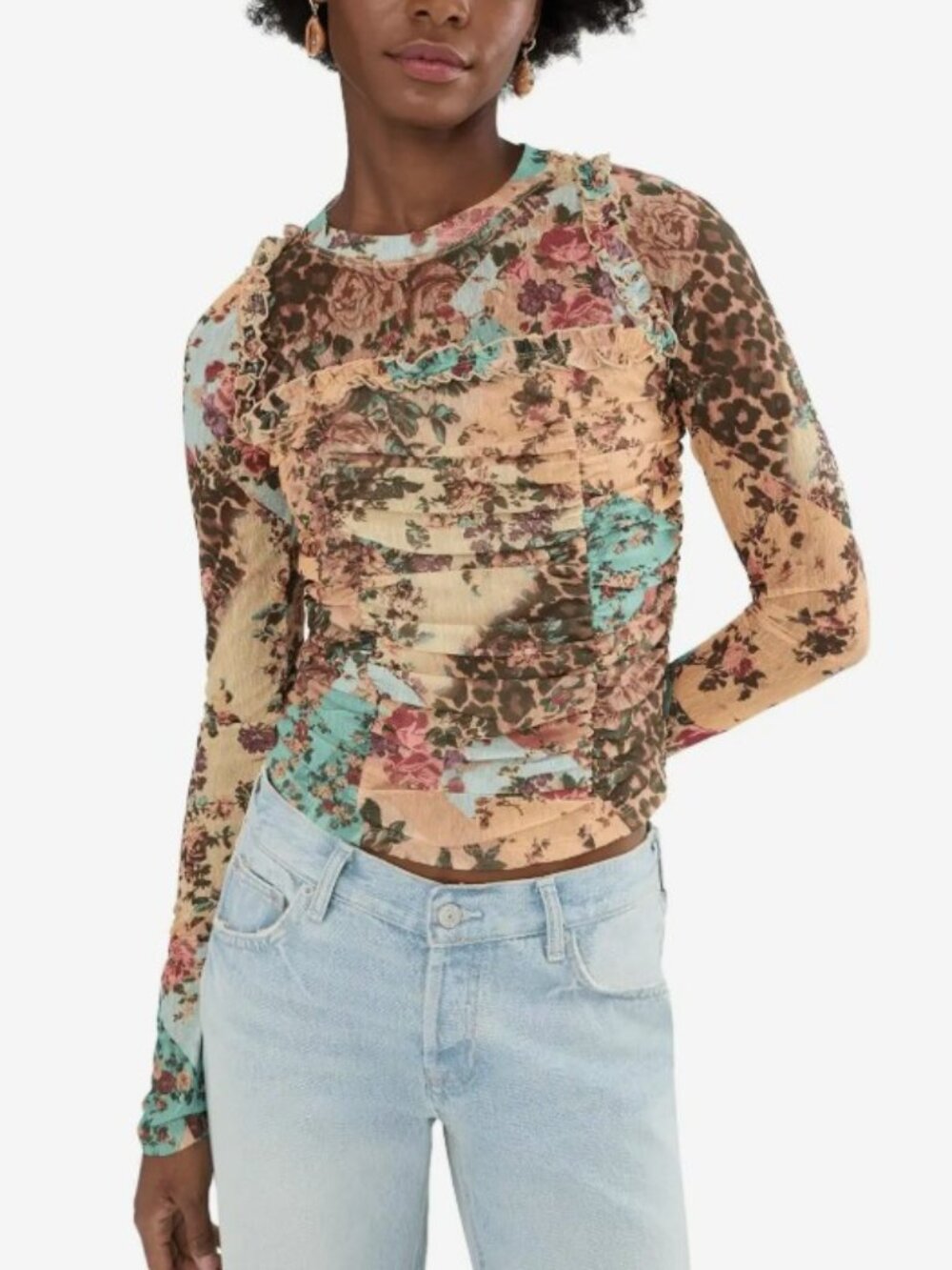 NWT FREE PEOPLE Ariana Long Sleeve Ruched Top / Taupe Cream Leopard Floral XS